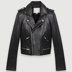 Maje Black Leather Biker Jacket with Epaulets